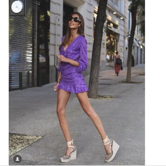 Zara Purple Wrap Front Mini Dress Long Sleeve Floral Embossed Print V-Neck Small - Picture 7 of 13